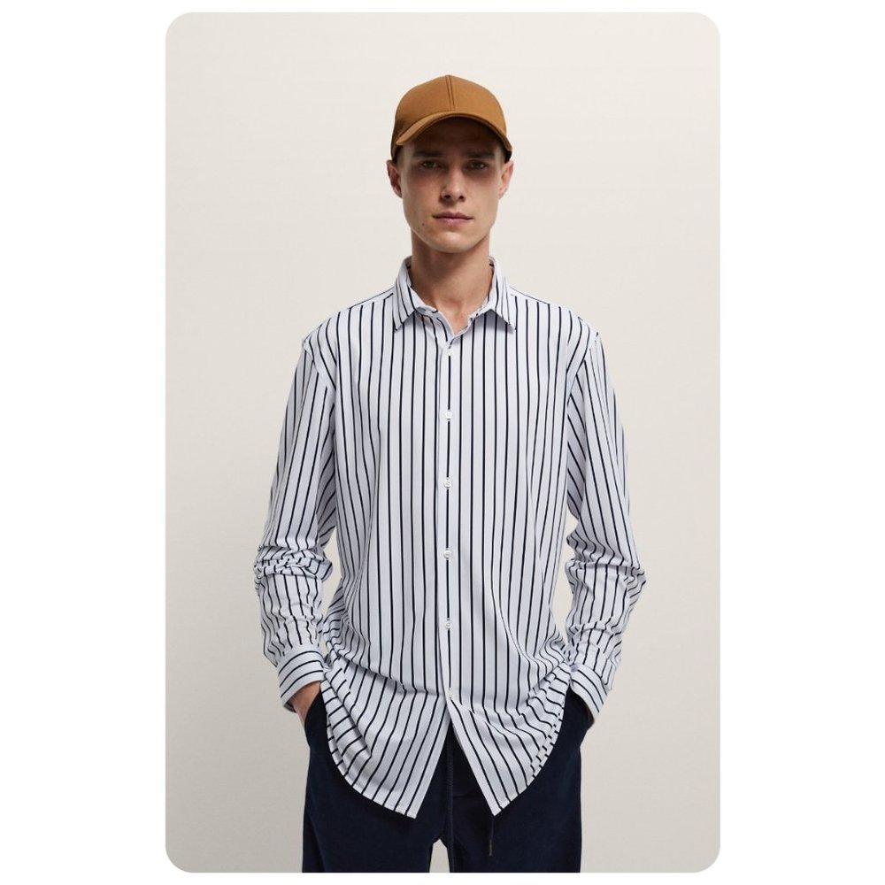 Zara Striped Stretch Long Sleeve Button Up Slim Fit Shirt sz M